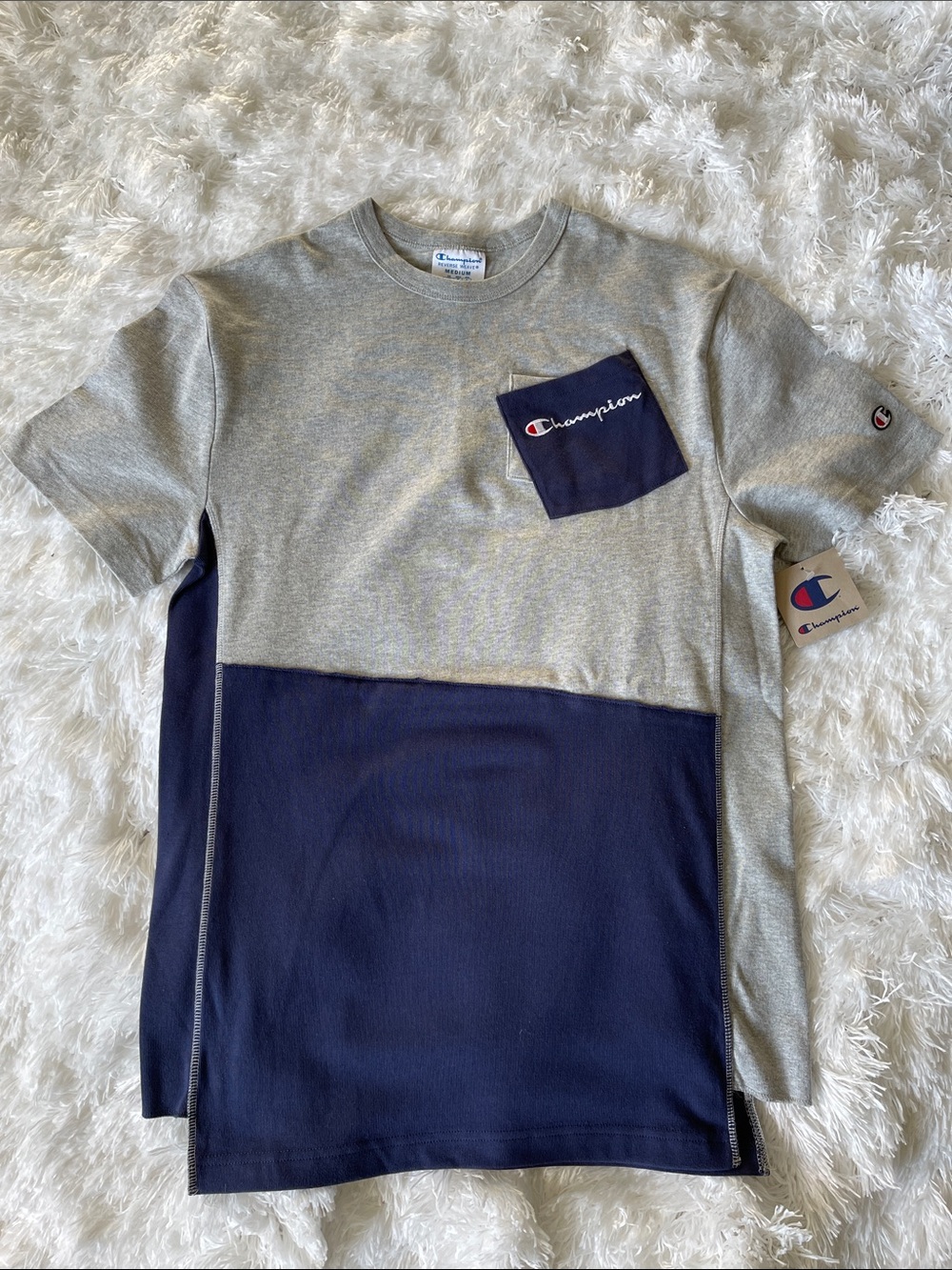 Champion Reverse Weave Heritage Shift Pocket Tee NWT Gray Navy